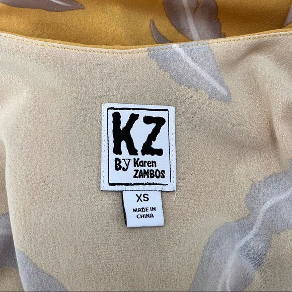 Karen Zambos KZ Feather Print Scalloped Dress Mustard Yellow Boho Size XS - Picture 7 of 10